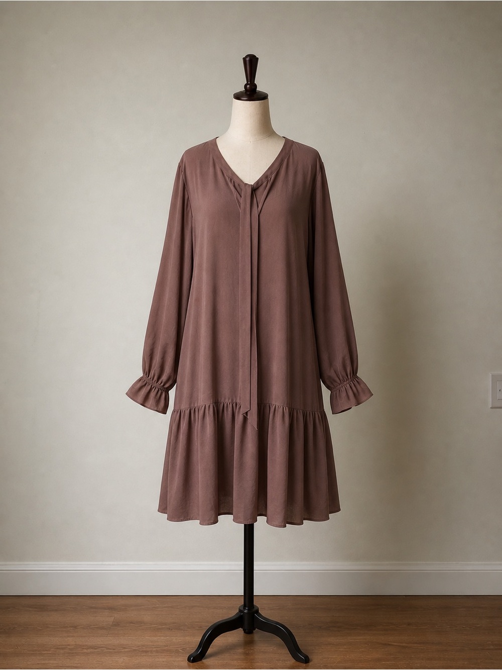 Boohoo Dusty Mauve Long Sleeve Ruffle Hem Dress